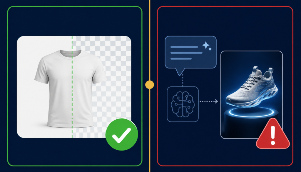 Comparison showing low-risk and high-risk AI image edits for EU AI Act Amazon compliance