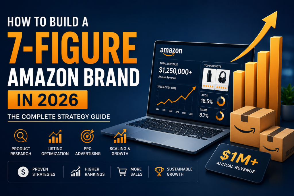 How to build a 7-figure Amazon brand in 2026 using Amazon SEO, Amazon PPC, listing optimization, Brand Registry, inventory planning, and growth strategies.