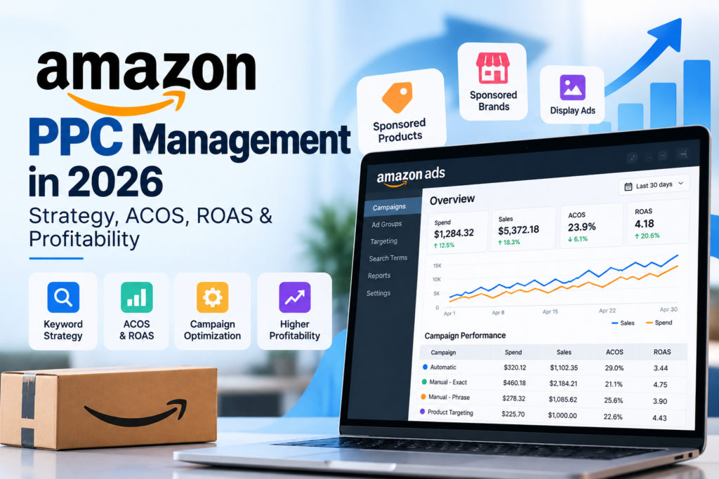 Amazon PPC management dashboard showing campaign strategy, ACOS, ROAS and profitability