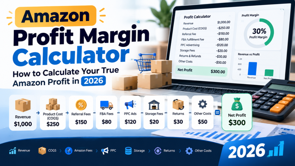 Amazon profit margin calculator showing revenue, costs and net profit