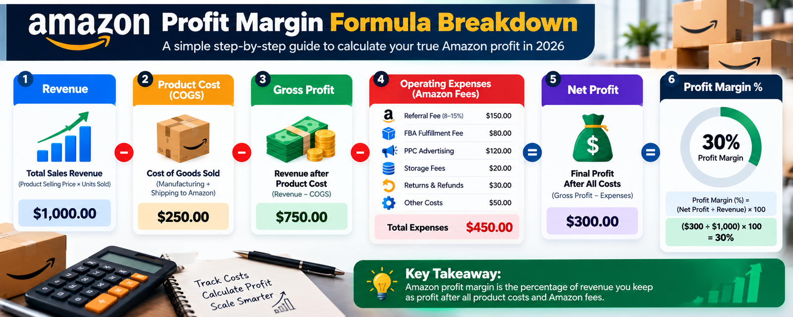 Diagram showing how Amazon revenue converts into net profit and profit margin
